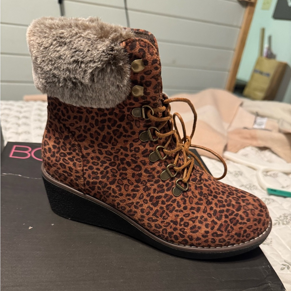 Corky’s Small Leopard Fox Bay Lace Up Wedge Boots